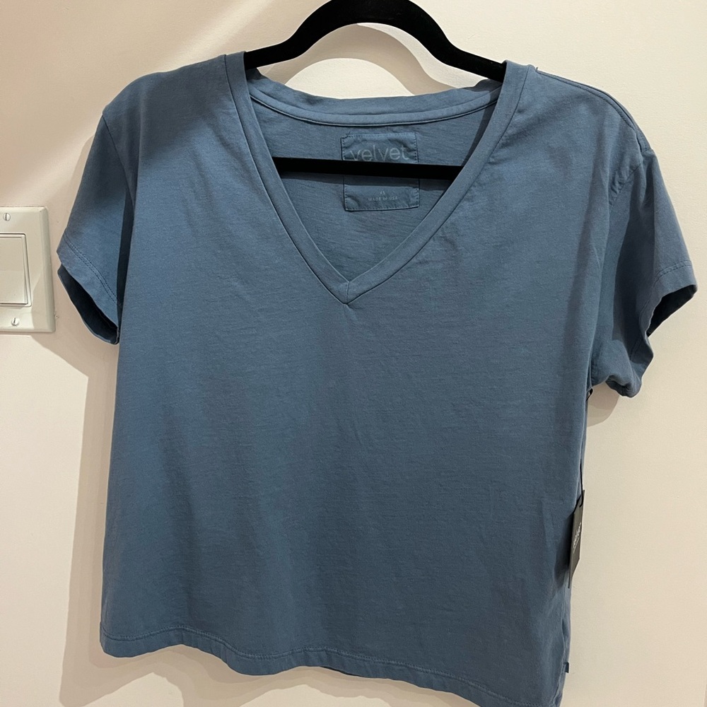 Blue Crop V-Neck Relaxed Short Sleeve Tee - Velvet by Jenny Graham